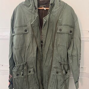 Free People Green Aztec Embroidered Hooded Jacket